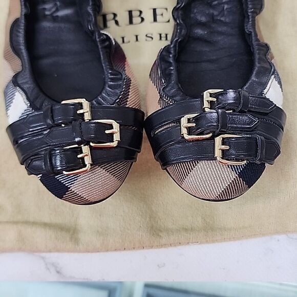 Authentic Burberry Plaid Check Canvas Black Leathet Ballet Flats Size 36 - Picture 6 of 7